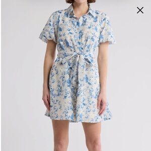 NWT Sam Edelman Floral Eyelet Mini Shirt Dress Puff Sleeve Blue White Size 14